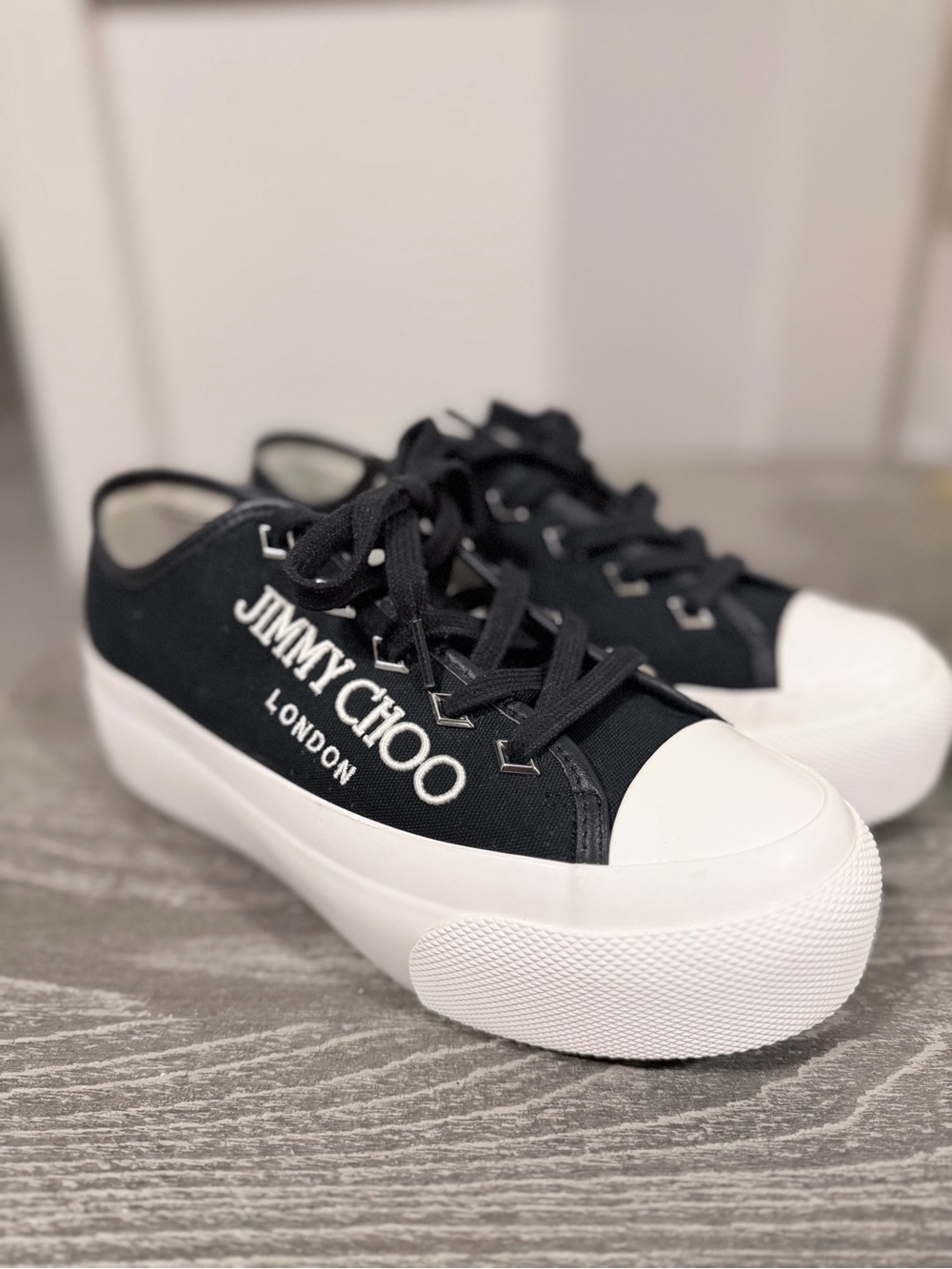 Jimmy Choo Black and White Canvas Platform Sneakers